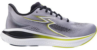 Gray running shoe with black and yellow accents on a white background