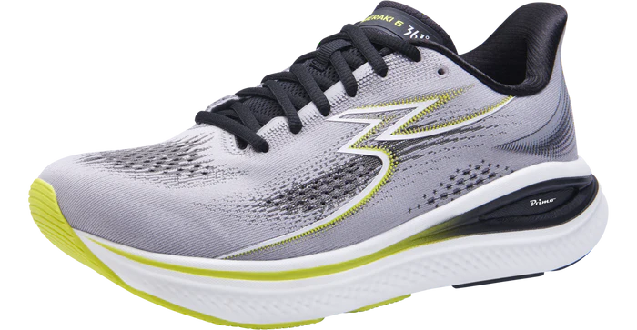 Gray running shoe with black and green accents on a white background