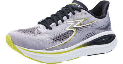 Gray running shoe with black and green accents on a white background