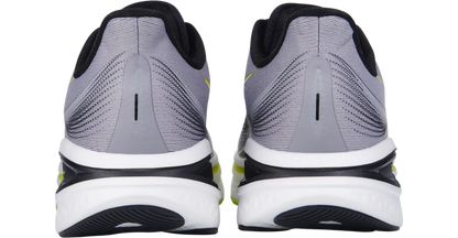 Gray running shoes with black and white sole on a white background