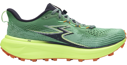 361 degrees men's Lynx trail shoe green, high vis yellow, black, orange  medial view