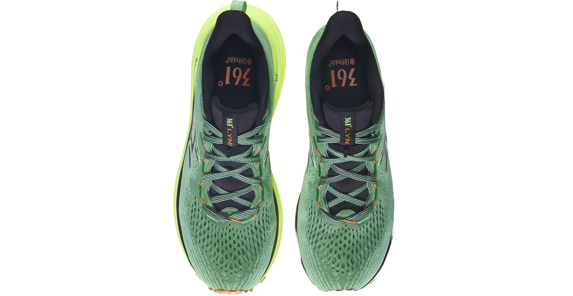 361 degrees men's Lynx trail shoe green, high vis yellow, black, orange  sky  view pair