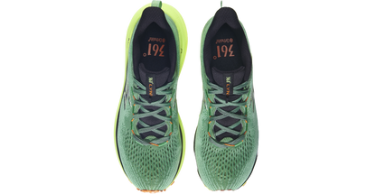 361 degrees men's Lynx trail shoe green, high vis yellow, black, orange  sky  view pair