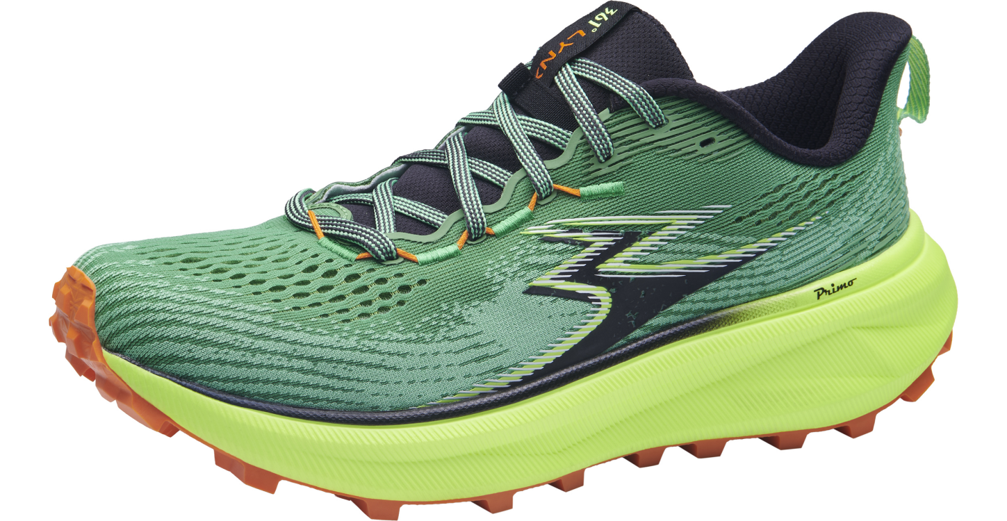 361 degrees men's Lynx trail shoe green, high vis yellow, black, orange  side view