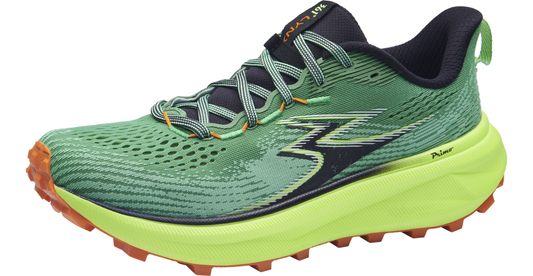 361 degrees men's Lynx trail shoe green, high vis yellow, black, orange  side view