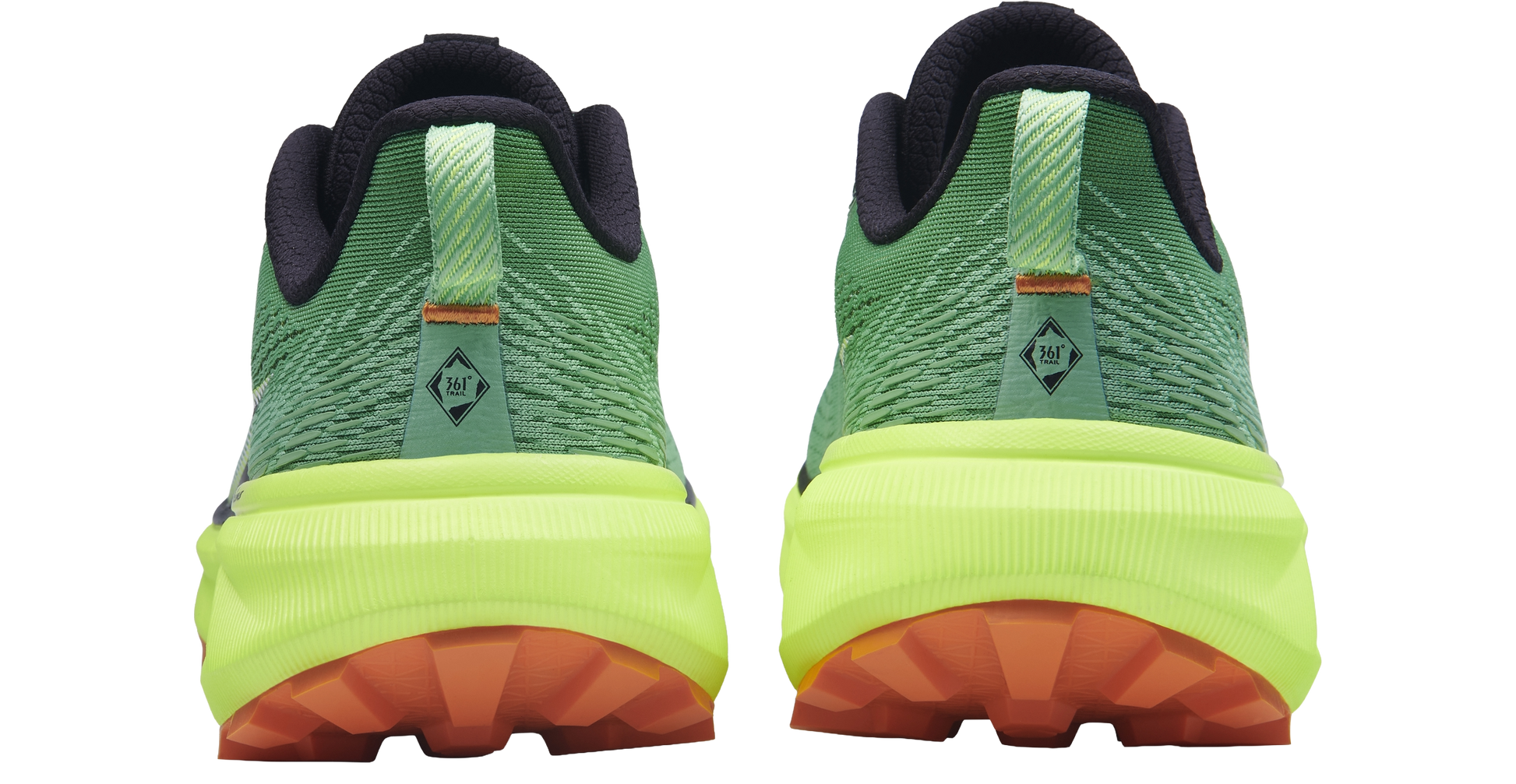 361 degrees men's Lynx trail shoe green, high vis yellow, black, orange  rear view pair