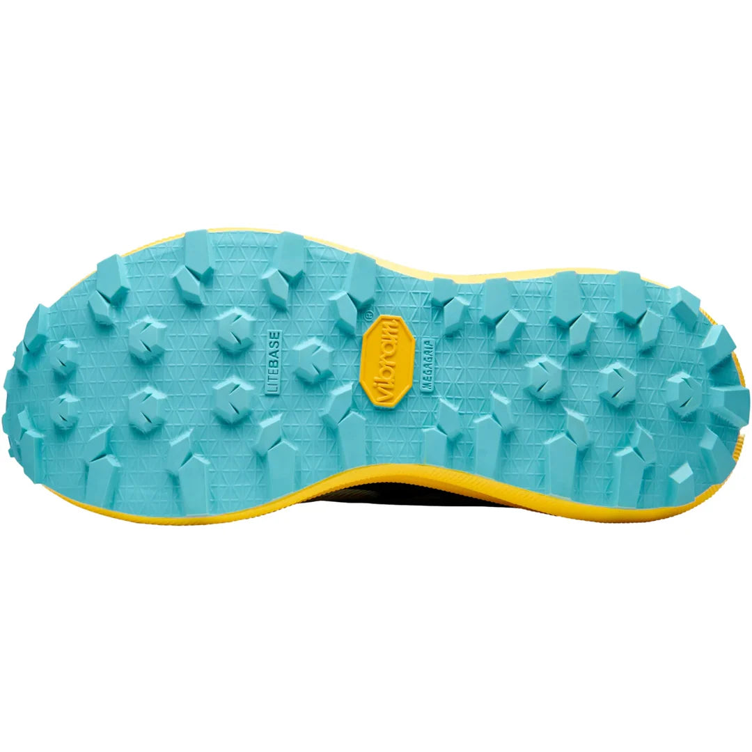 Close-up of a blue and yellow sole with a brand logo on a white background