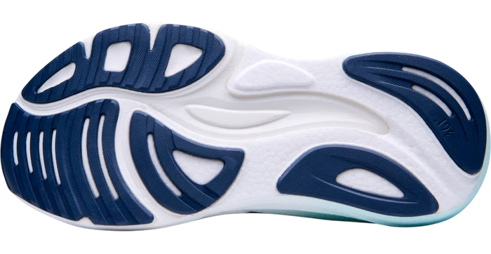 White and blue athletic shoe on a white background