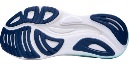 White and blue athletic shoe on a white background