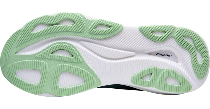 Close-up of a shoe sole with green and white design on a white background