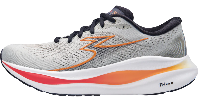 Gray running shoe with orange and red accents on a white background