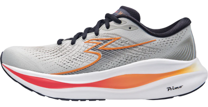 Gray running shoe with orange and red accents on a white background