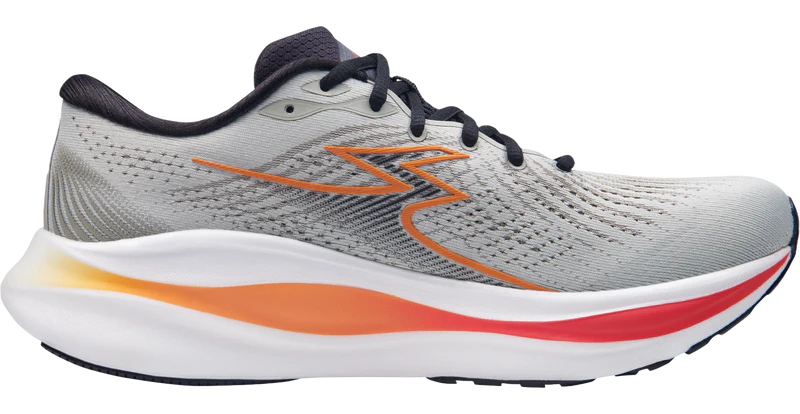 Gray running shoe with orange and red accents on a white background
