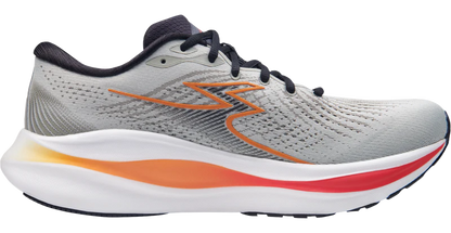 Gray running shoe with orange and red accents on a white background