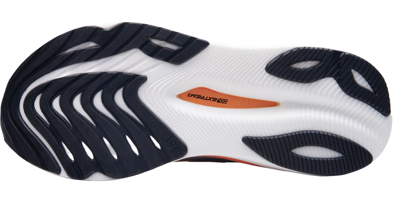 Sole of a running shoe with visible brand logo on a white background
