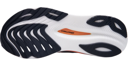 Sole of a running shoe with visible brand logo on a white background