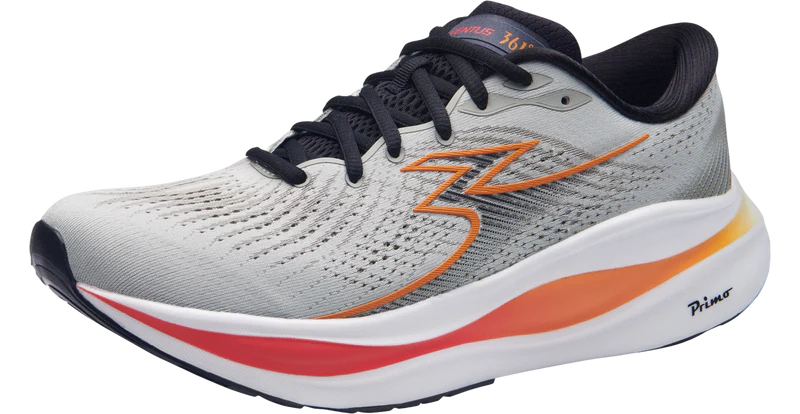 Gray running shoe with orange accents on a white background