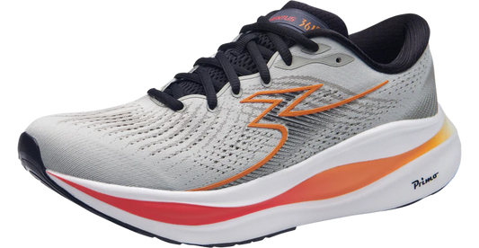 Gray running shoe with orange accents on a white background