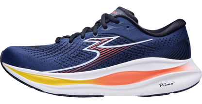 Blue running shoe with white sole on a white background