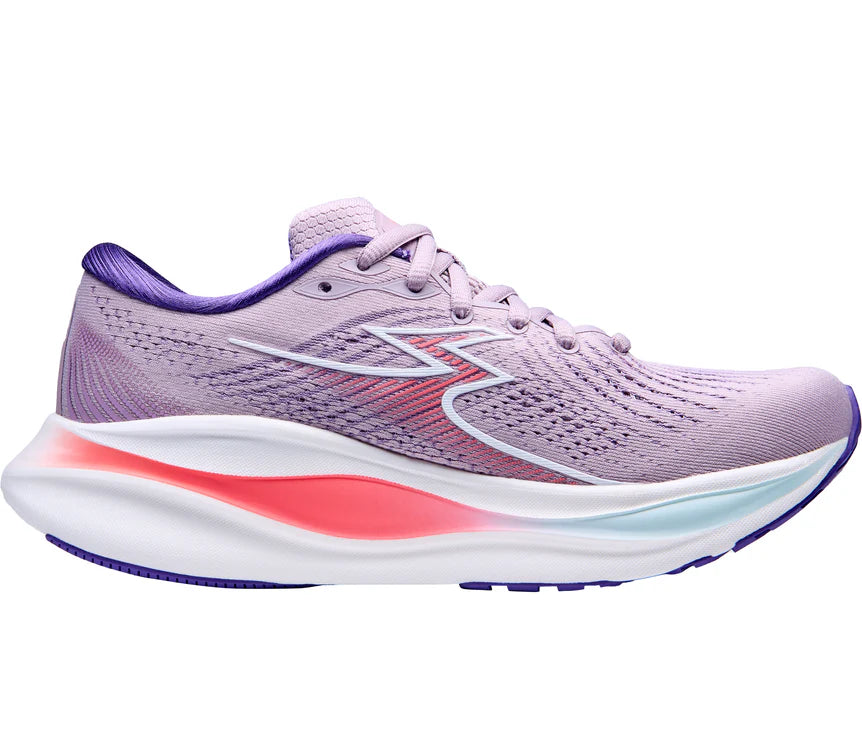Purple running shoe with a white and red sole on a white background