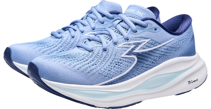 Blue running shoes with white sole on a white background
