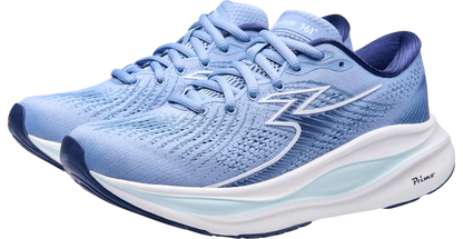 Blue running shoes with white sole on a white background
