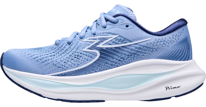 Blue running shoe with white sole on a white background