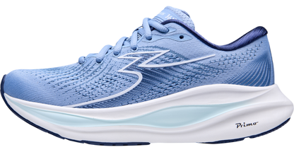 Blue running shoe with white sole on a white background