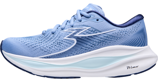 Blue running shoe with white sole on a white background