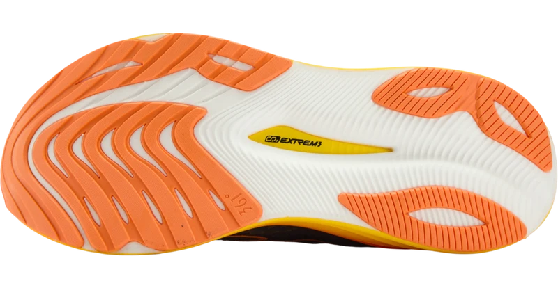 The outsole of a 361 Ventus 2 running shoe, featuring a white and orange design with a yellow 'EXTREM3' logo in the center.