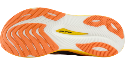 The outsole of a 361 Ventus 2 running shoe, featuring a white and orange design with a yellow 'EXTREM3' logo in the center.