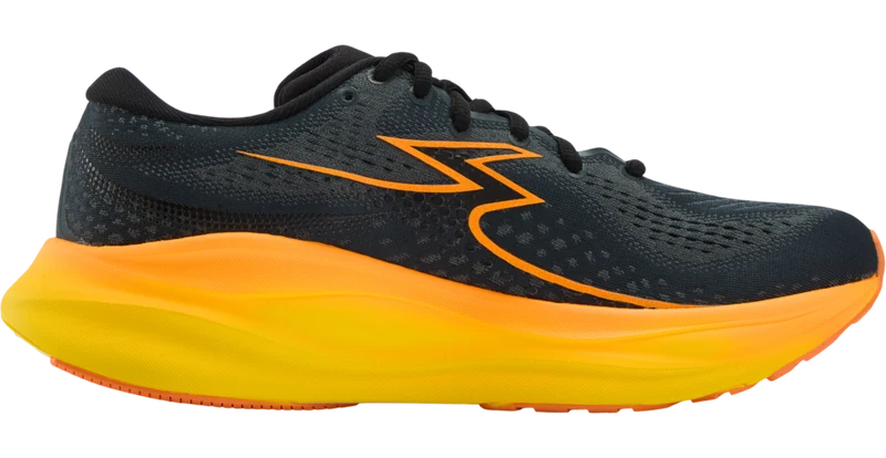 A single 361 Ventus 2 athletic running shoe shown in profile against a plain white background. The upper is black with a bright orange zigzag logo, and the thick midsole transitions from yellow to orange.