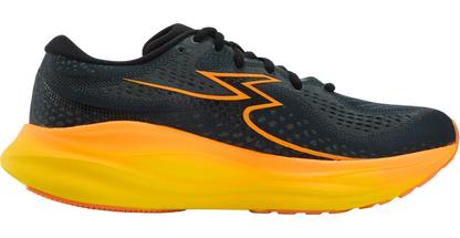A single 361 Ventus 2 athletic running shoe shown in profile against a plain white background. The upper is black with a bright orange zigzag logo, and the thick midsole transitions from yellow to orange.