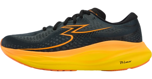 A single 361 Ventus 2 running shoe shown in a side profile view against a plain white background. The shoe features a black mesh upper with a prominent orange graphic logo, a thick yellow and orange midsole, and a small 'Primo' brand name printed on the heel.