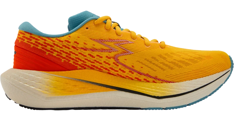 A vibrant yellow and orange 361 Kairos  running shoe with a light blue collar and midsole accent, shown from a side profile view on a white background.