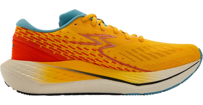 A vibrant yellow and orange 361 Kairos  running shoe with a light blue collar and midsole accent, shown from a side profile view on a white background.