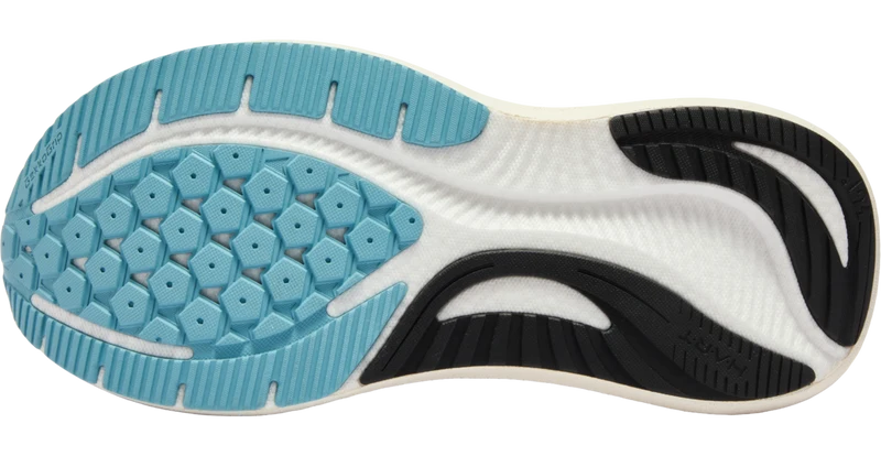 A close-up of a 361 Kairos  athletic shoe's outsole, showing a light blue and white patterned tread with black accents on a white background.