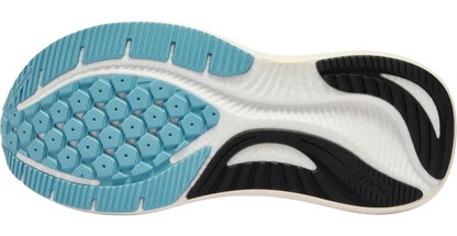 A close-up of a 361 Kairos  athletic shoe's outsole, showing a light blue and white patterned tread with black accents on a white background.