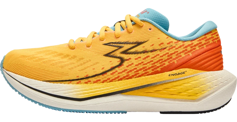 A single 361 Kairos running shoe shown in a side profile view on a white background. The shoe features a bright yellow and orange knit upper with a black zigzag logo, a light blue tongue, and a white midsole with yellow and orange accents.