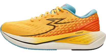 A single 361 Kairos running shoe shown in a side profile view on a white background. The shoe features a bright yellow and orange knit upper with a black zigzag logo, a light blue tongue, and a white midsole with yellow and orange accents.