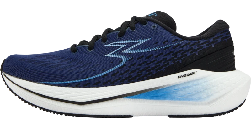 A single 361 Kairos 4 running shoe shown in a side profile view against a plain white background. The upper is primarily navy blue with a textured knit pattern, black laces, and a black heel collar.
