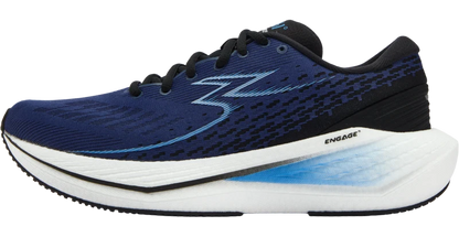 A single 361 Kairos 4 running shoe shown in a side profile view against a plain white background. The upper is primarily navy blue with a textured knit pattern, black laces, and a black heel collar.