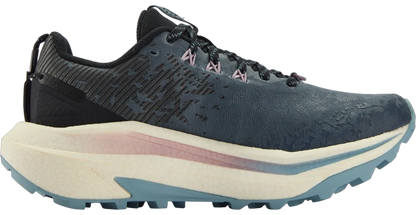 A single trail running shoe shown in a side profile view against a white background. The upper is a textured dark slate blue, the midsole is cream with a pink accent stripe, and the outsole is light blue.