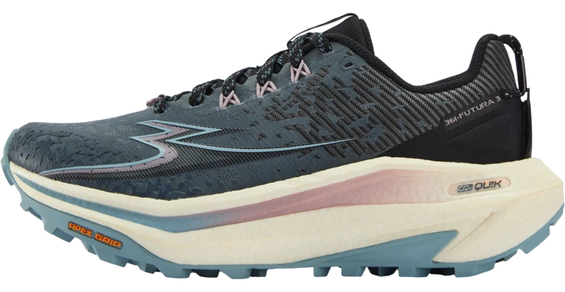A 361 Futura 3 running shoe in dark grey and black with a thick cream midsole, light blue outsole, and subtle pink accents.