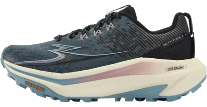 A 361 Futura 3 running shoe in dark grey and black with a thick cream midsole, light blue outsole, and subtle pink accents.