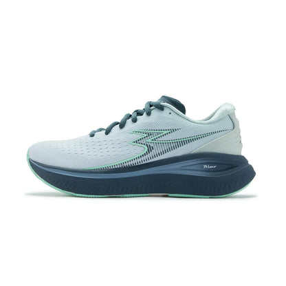 Light blue running shoe with dark blue sole on a white background