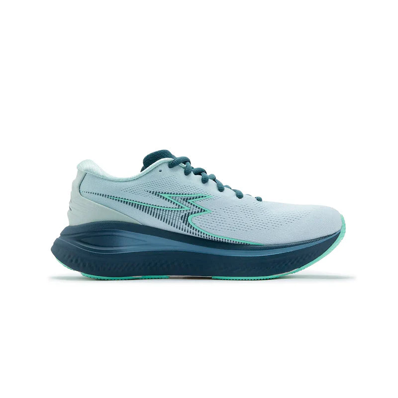 Light blue running shoe with a white sole on a white background