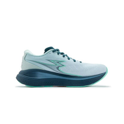 Light blue running shoe with a white sole on a white background
