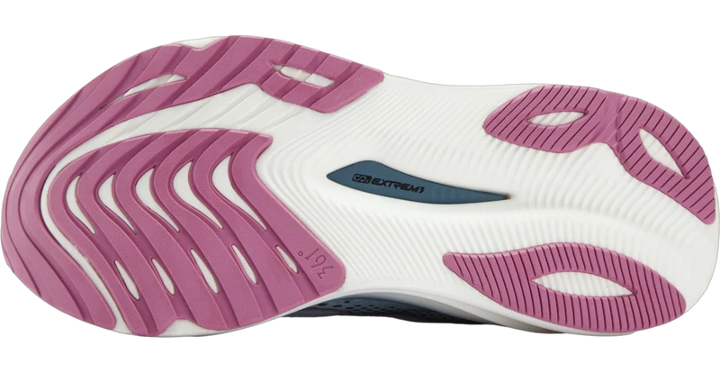 The outsole of a 361 Ventus 2 running shoe, featuring a white and pink design with a dark blue EXTREM3 logo in the center.