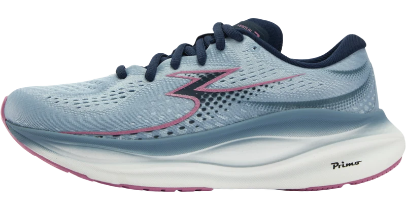 A light blue and white 361 Ventus 2 running shoe with navy blue laces, collar, and lining, accented with pink details on the logo, midsole edge, and outsole. The brand 'Primo' is visible on the heel area of the white midsole.